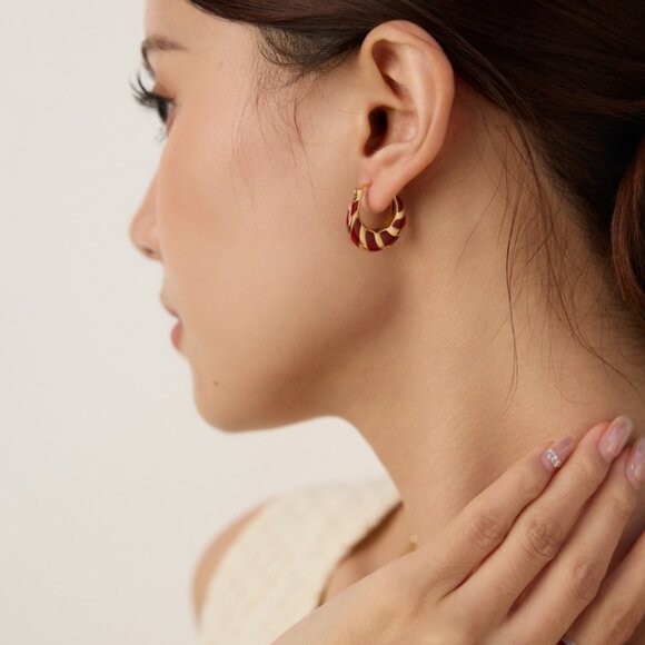 ❤️ Artisan Original Red Enamel & Gold Croissant Hoop Earrings | S925 - Picture 7 of 10